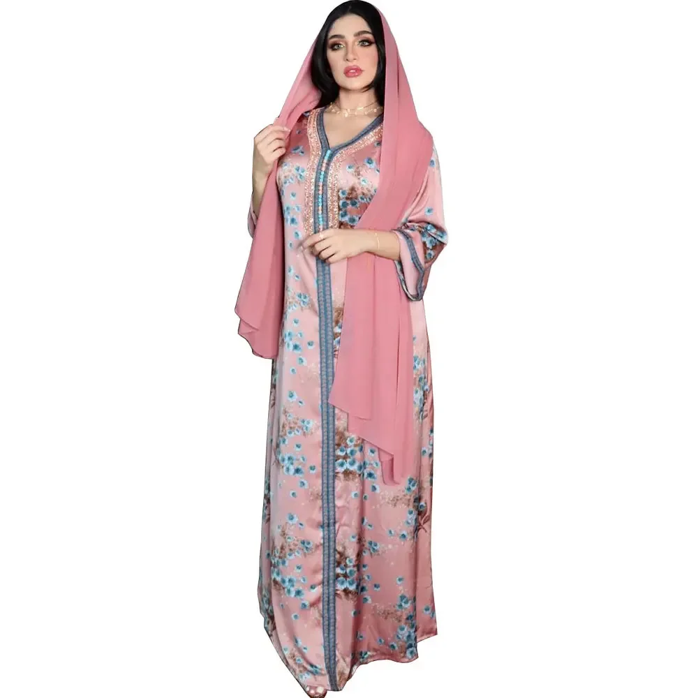 Imagem -04 - Primavera Floral Imprimir Muçulmano Abaya Vestido de Mulher Diamante Dubai Árabe Turquia Marrocos Kaftan Roupa Islâmica Vestido Robe 2023