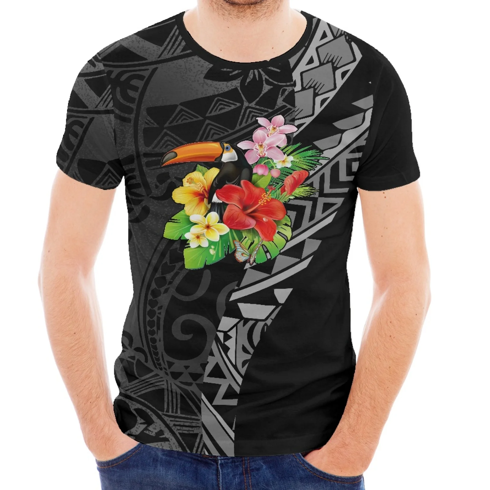 

Spring/Summer Hawaii New Fashion Mouth European Hibiscus Floral Print Polynesian Traditional Tribal Style Short Sleeve T-Shirt