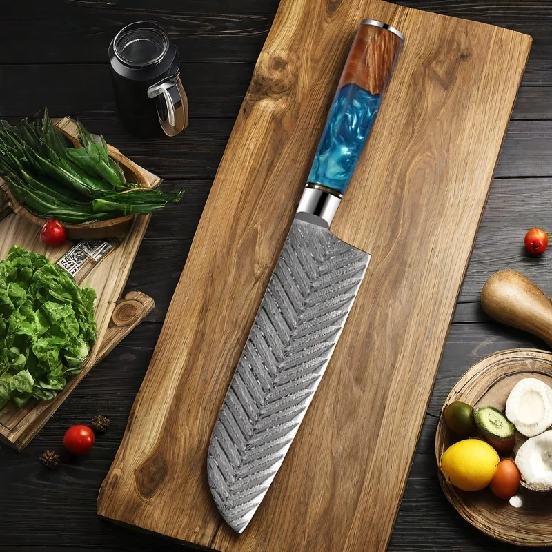 VG10 Steel Core 67 Layer Damascus Steel Kitchen Knife Blue Resin And Colored Wooden Handle Cooking Tools Cleaver Fishbone