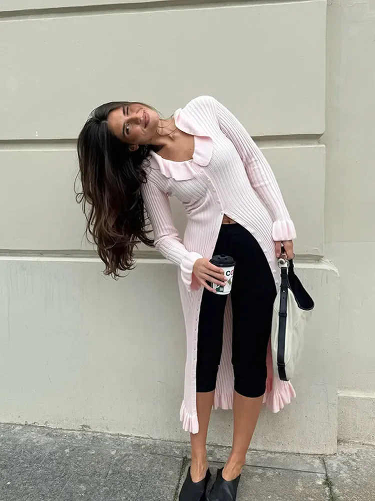 เดรสยาวถักนิตติ้งสีชมพูแฟชั่น แต่งระบาย คอวี แขนยาวทรงบาน กระดุมแถวเดียว ทรงเข้ารูป สำหรับผู้หญิง ฤดูใบไม้ร่วง