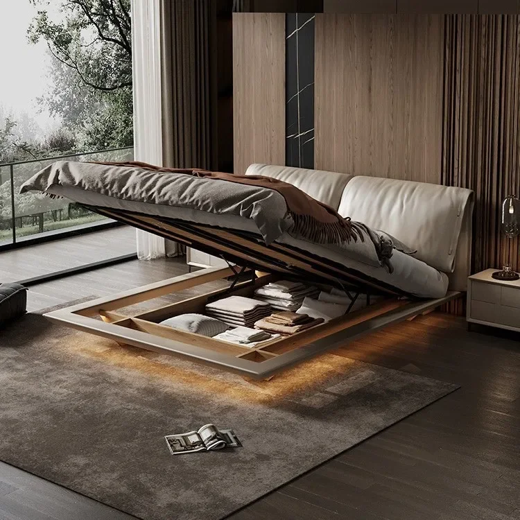 

Light luxury, leather, high box, storage bed, Italian style, light luxury, double