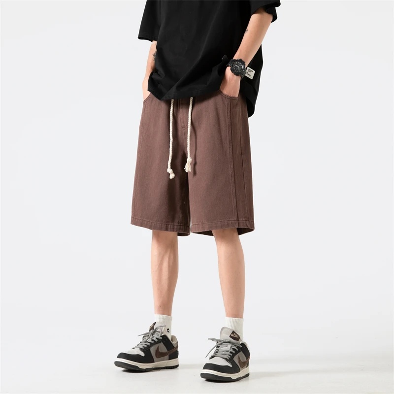 

Мужские джинсы-шорты в стиле ретро, японский дизайн, оверсайз, летние, прямые, повседневные, свободного кроя, из дышащего хлопка, молодежные, модные