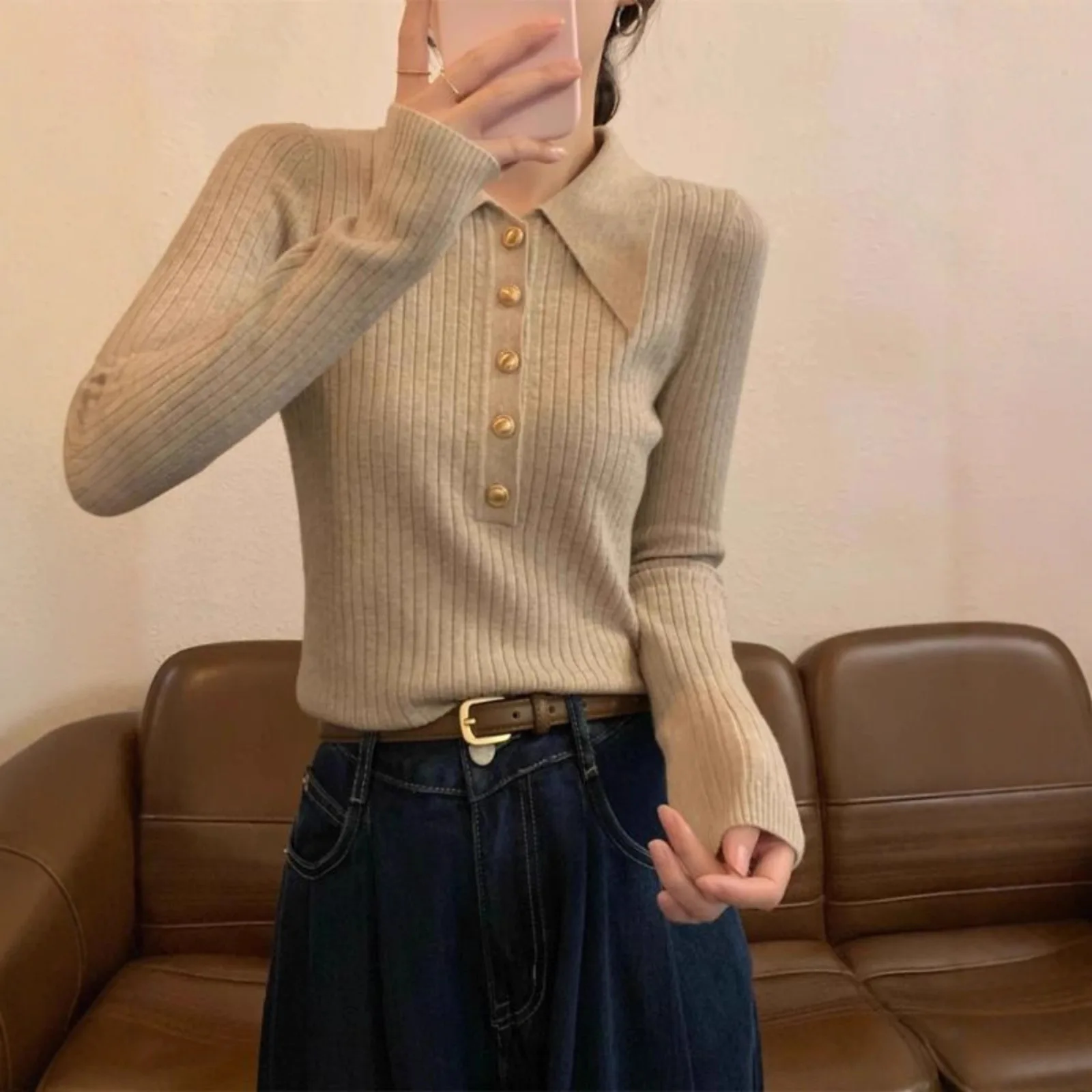 

2026 New Spring and Autumn Polo Collar Knitted Base Shirt Women's High-end Sweater Underwear