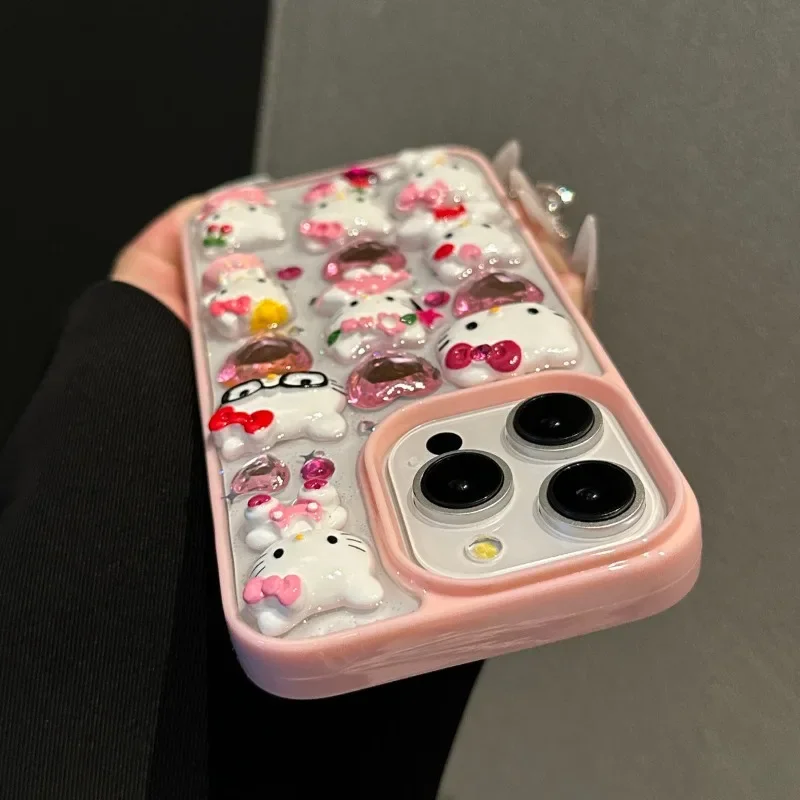 Kawaii Hello Kitty Cartoon DIY Phone Case Suitable for iPhone 15 14 13  16ProMax iPhone 15 Pro Girl Anti Drop Transparent Case