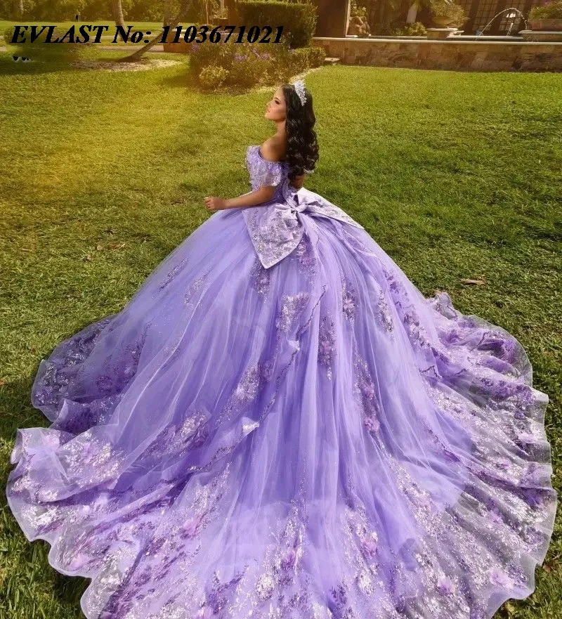 Блестящее сиреневое бальное платье EVLAST, платье для Quinceanera, цветочное кружево, аппликация, бисер, бант, Мексиканский корсет, милое 16 Vestidos De Anos SQ396