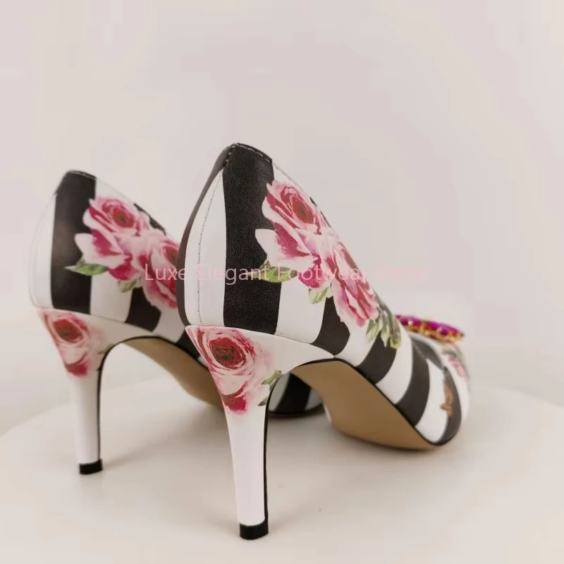 

Black Satin Pink Floral Print Pointed Toe Pumps Women Patchwork Slip On Crystal Thin High Heels Luxury Sexy Evening Party Shoes