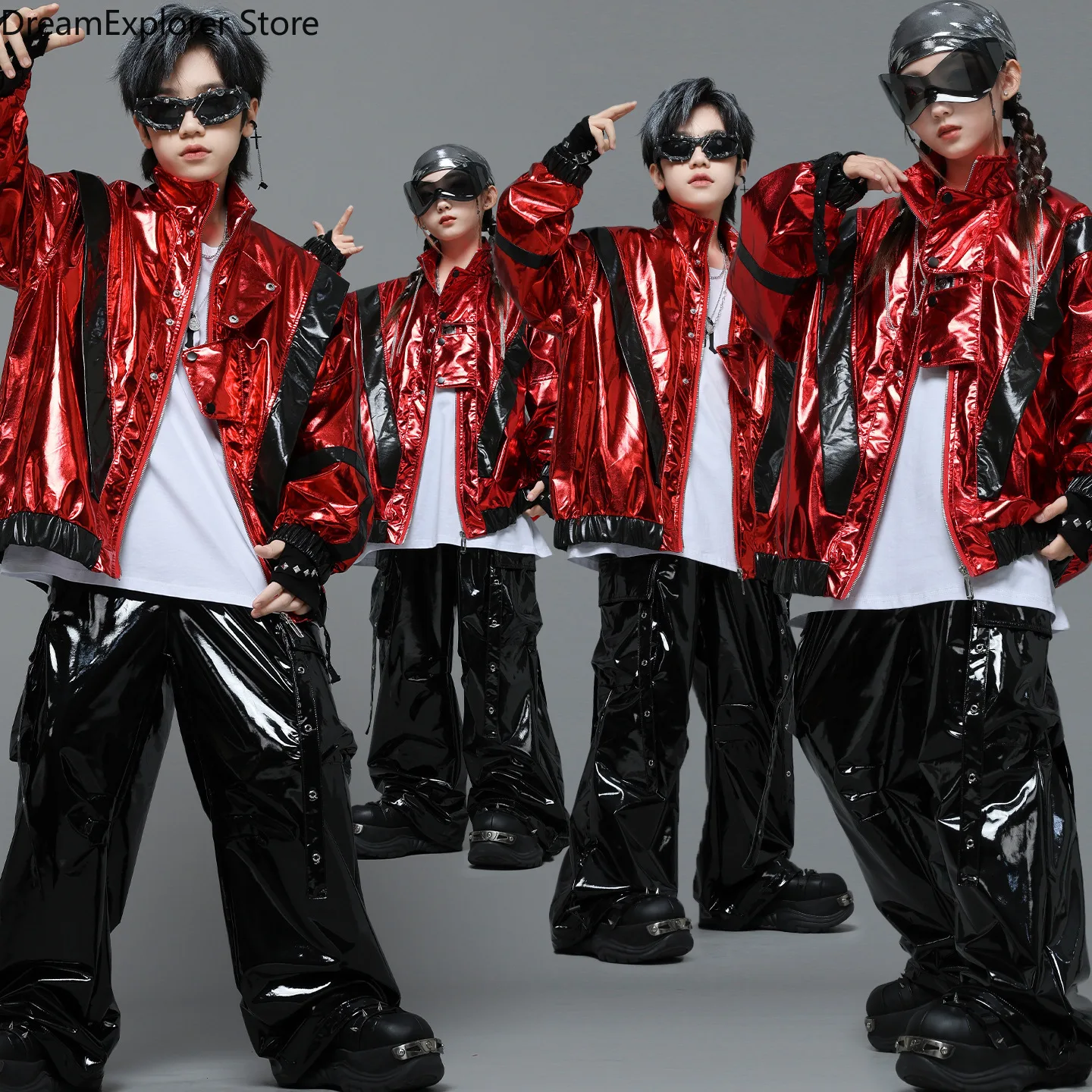 

Блестящая кожаная куртка K-pop контрастного цвета для уличных танцев, брюки-карго для девочек, уличная одежда в стиле хип-хоп, детский джазовый костюм, комплект детской одежды