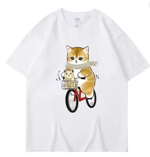 Women Cute Cartoon Cat Graphic T-Shirt Orange Cat Riding Bike With Hamster Print Short Sleeve Casual Black Tee