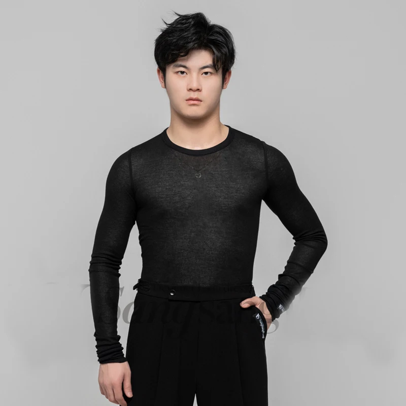 New Ballroom Dance Competition Top Men Black Long Sleeves Modern Dancing Tops Adults Latin Dance Shirt Training Wear SL10738