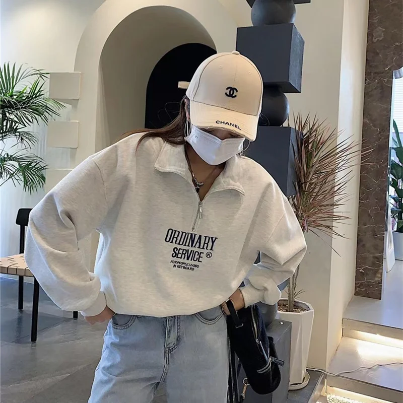 Women's Stand‑Collar Half‑Zip Pullover Sweatshirt With Exquisite Embroidery, 2025 New Spring‑Autumn Minimalist Elegant Top