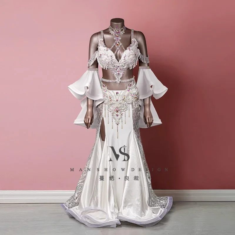 customized belly dance costume sexy elegant white embroidered fishtail skirt shiny and dynamic tassel dress competition outfit