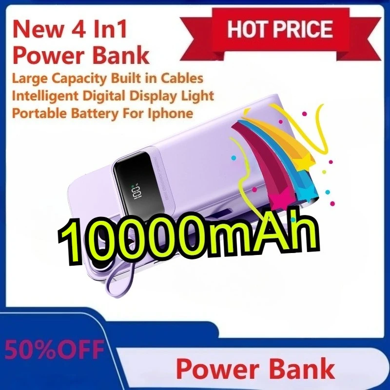 

New 4 In1 Power Bank 10000 Large Capacity Built in Cables Intelligent Digital Display Light Portable Battery For Iphone