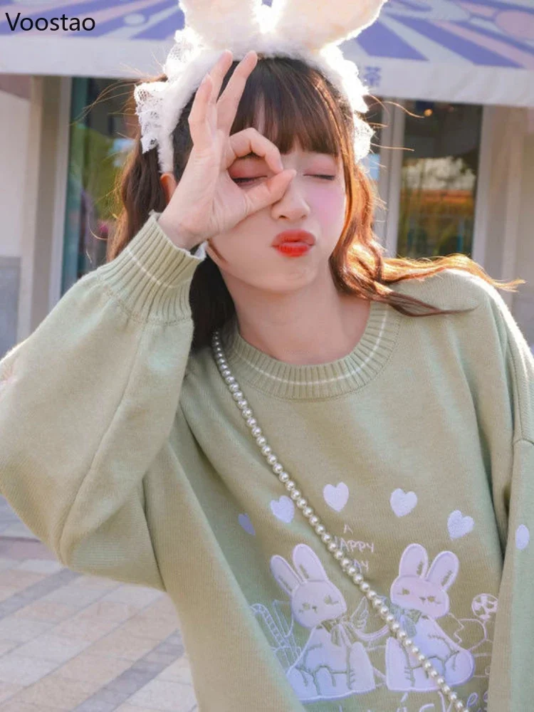 Spring Autumn Sweet Lolita Embroidery Bunny Knitted Pullover Japanese Girly Cute Loose JK Sweater Women Kawaii Knitwear Tops