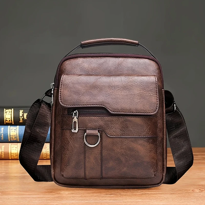 Herren Vintage PU-Leder Umhängetasche, lässige kleine Schulter-Messenger-Tasche mit mehreren Fächern, Handtasche für den täglichen Arbeits- und Reisegebrauch – Detail 8