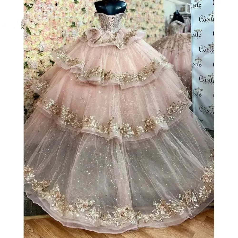 Pink Princess Quinceanera Dresses Ball Gown Off The Shoulder Tulle Appliques Sweet 16 Dresses 15 Años Mexican