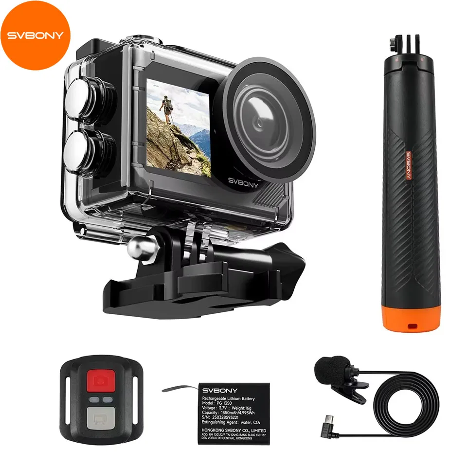 Caméra d'action Svbony SVGo2 à double écran, vidéo 4K véritable, stabilisation EIS 6 axes, étanche IPX8, avec boîtier étanche et bâton flottant, idéale pour la prise de vue sous-marine, le vlogging, le surf, la plongée et l'enregistrement de sports de plein air
