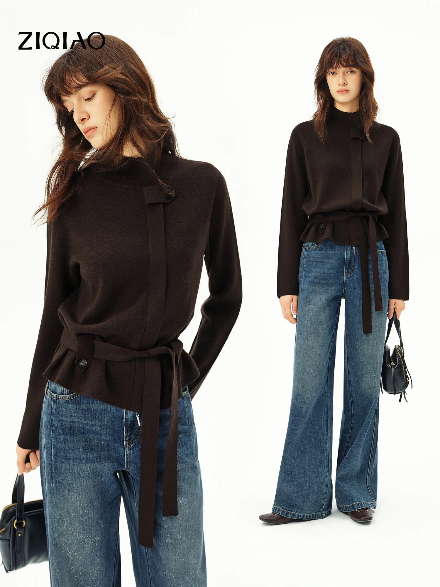 ZIQIAO Women's Brown Stand Collar Wool Knit Zip Cardigan Fitted Waist Straight Shoulder Outerwear 2026 Winter New Style Jacket