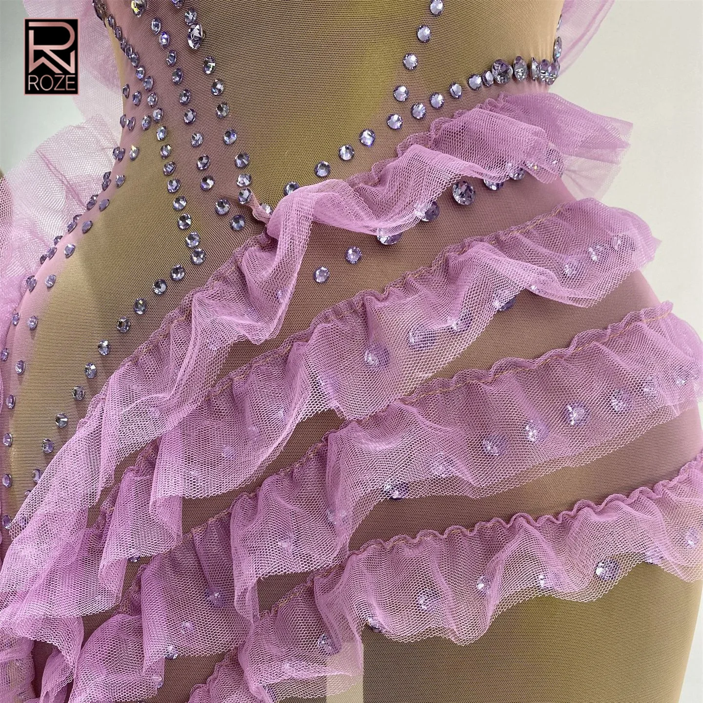 Vestido Maxi Roxo com Decote Halter em Tule Transparente com Renda e Strass para Mulheres, Vestido Sexy para Festas e Clubes