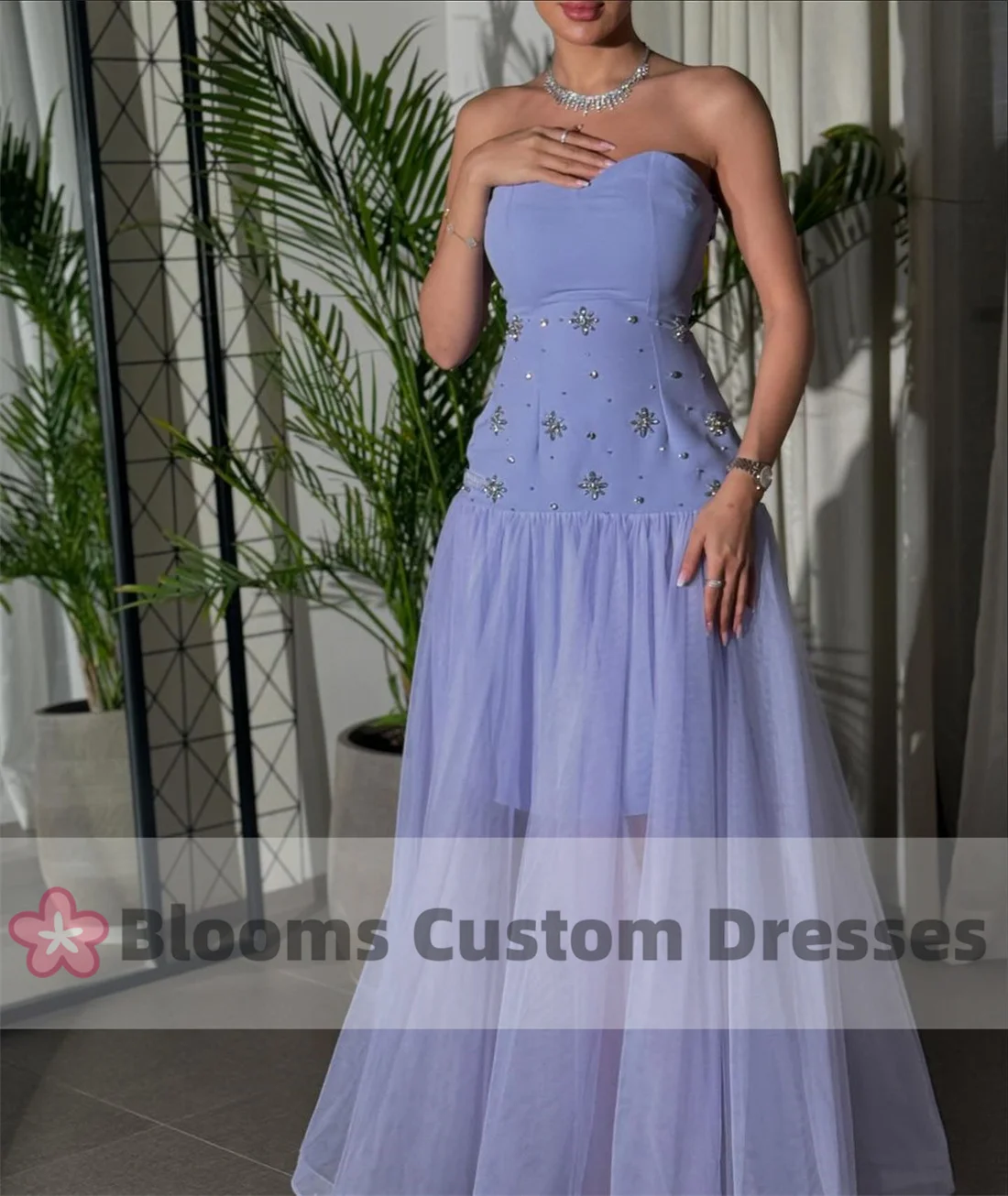 Blooms Beaded Rhinestone Customized Evening Dresses For Special Occasion Tulle Crepe Saudi Party Gown Formal Prom Dress