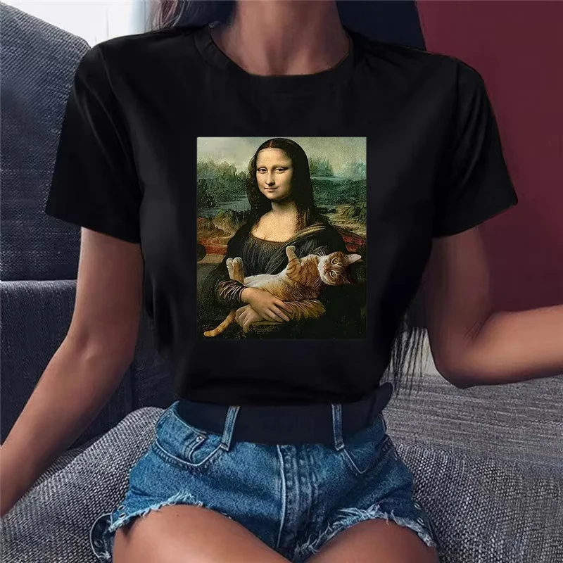 

2025 Summer Women T Shirt Funny Mona Lisa and Cat Printed T-shirt for Loose Breathable Clothing Street Fashion Casual Streetwear