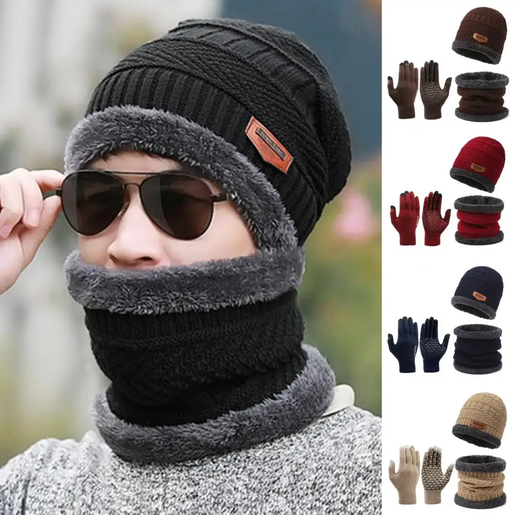 1 Set Men Winter Hat Scarf Gloves Set Thick Knitted  Beanie Elastic Glove Set Windproof Cap Neck Warp Gloves Set