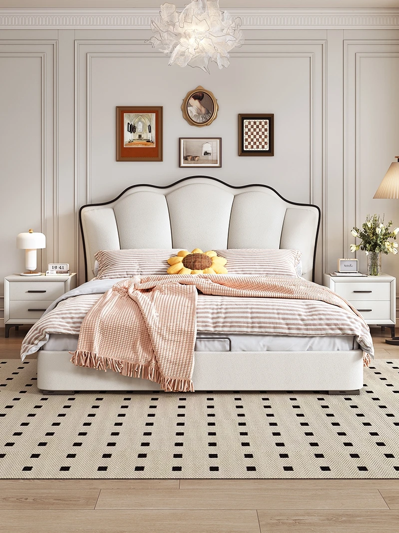 French cream style leather bed modern simple first layer cowhide