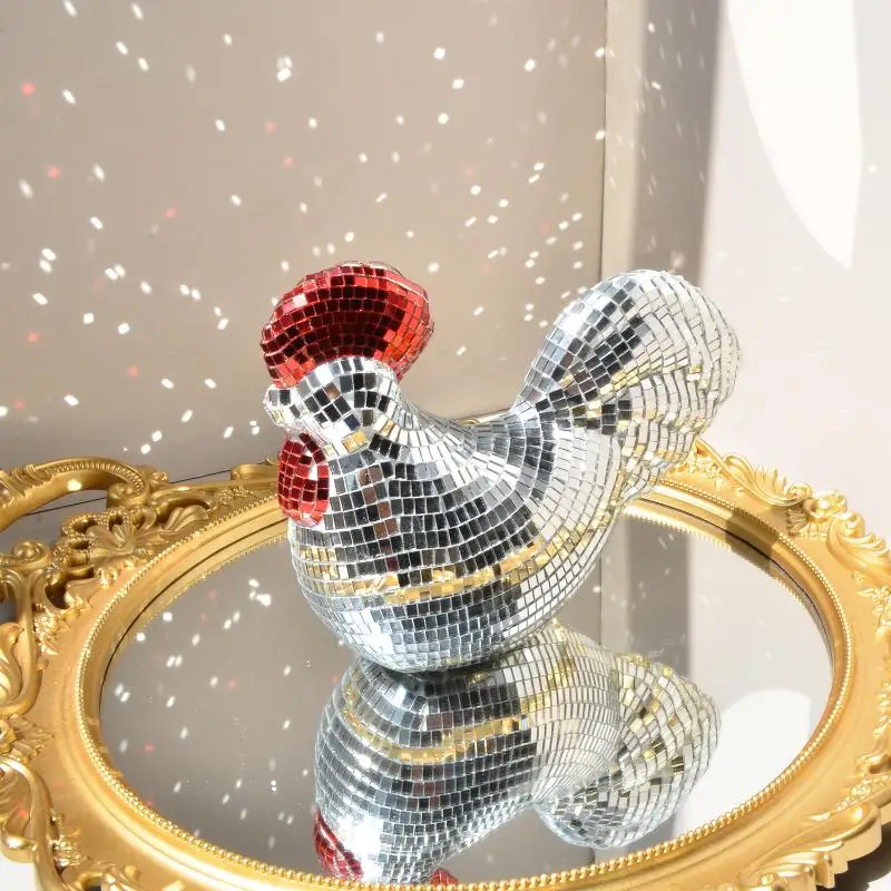 Kreative Spiegel-Huhn-Skulpturen, Statue, Disco-Kugel, Hahn-Form, Heim-Tischdekoration für Geburtstagsfeier und Feier