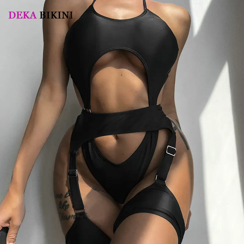 DEKA Women Black Hollow Out One Piece Swimsuit Solid Cut Out Backless Swimwear Sexy Ruched Push Up Bathing Suit Beachwear Swim
