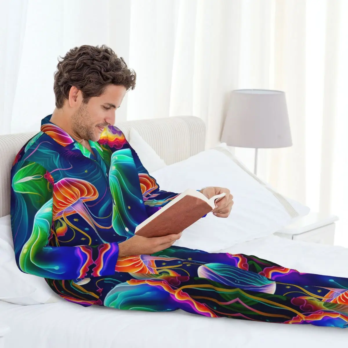 Men Pajamas Set of Autumn Winter Long-Sleeved Colorful Painting Jellyfish Home Clothing Sleepwear 2PCS/Set