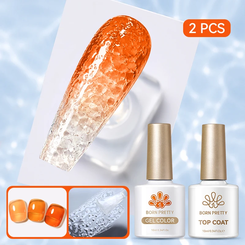 BORN PRETTY 2-teiliges Sommer-Set mit Transparentem Nagelgel und Wasserwellen-Top-Coat, Ohne Abwischen, Abziehbarer Jelly-Gel-Lack
