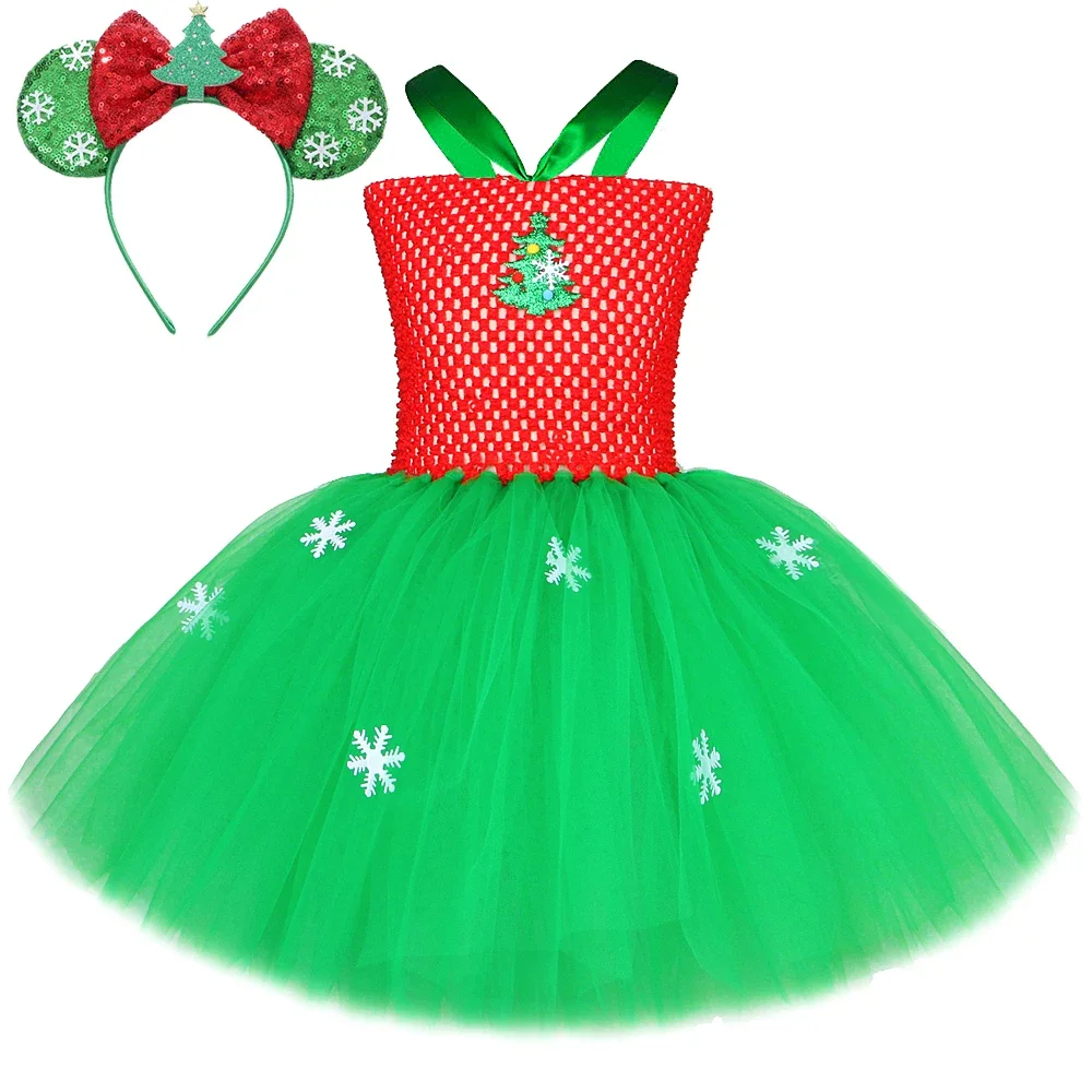 Vestido tutú de árbol de Navidad rojo y verde para niñas, disfraces de Carnaval de Navidad para niños, traje de vacaciones de Año Nuevo con medias con lazo para el pelo