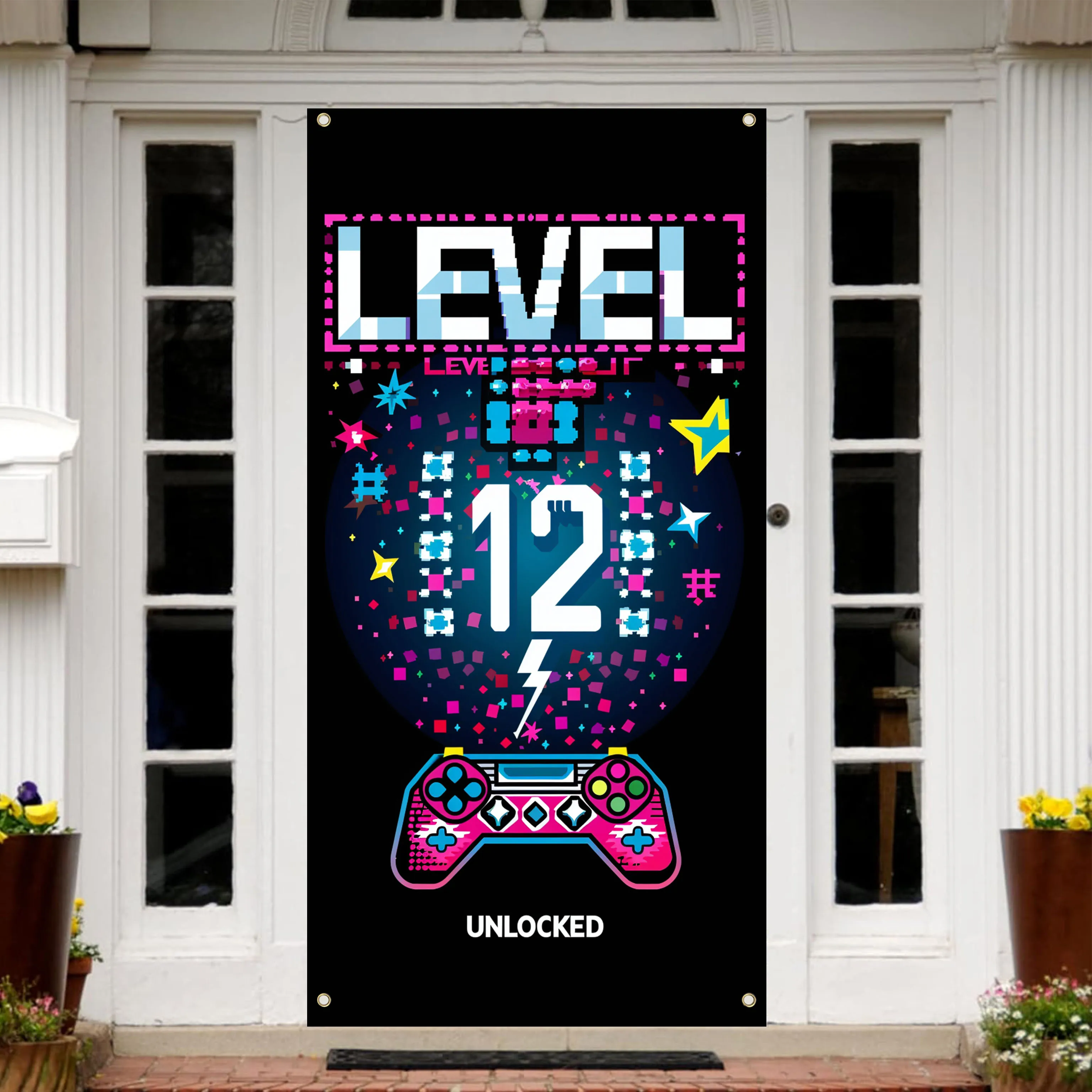 70×35 inch Level 12 Unlocked Birthday Banner 12th Birthday Decorations for Boys 12th Video Game Birthday Decor