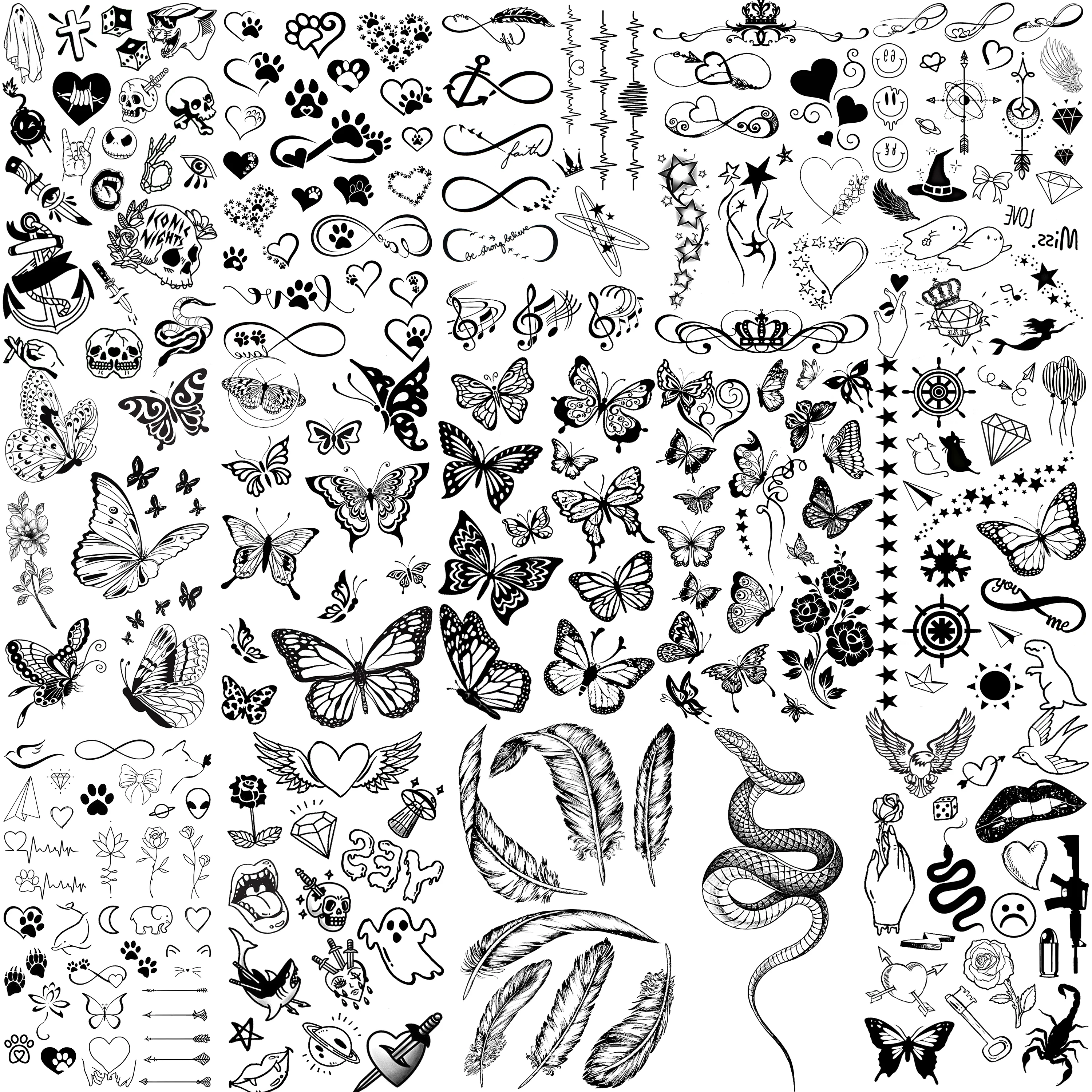 

15 Sheets Butterfly Infinity Snake Small Fake Temporary Tattoos For Women Men Finger Hands Neck, Feather Heart Tattoo Sticker
