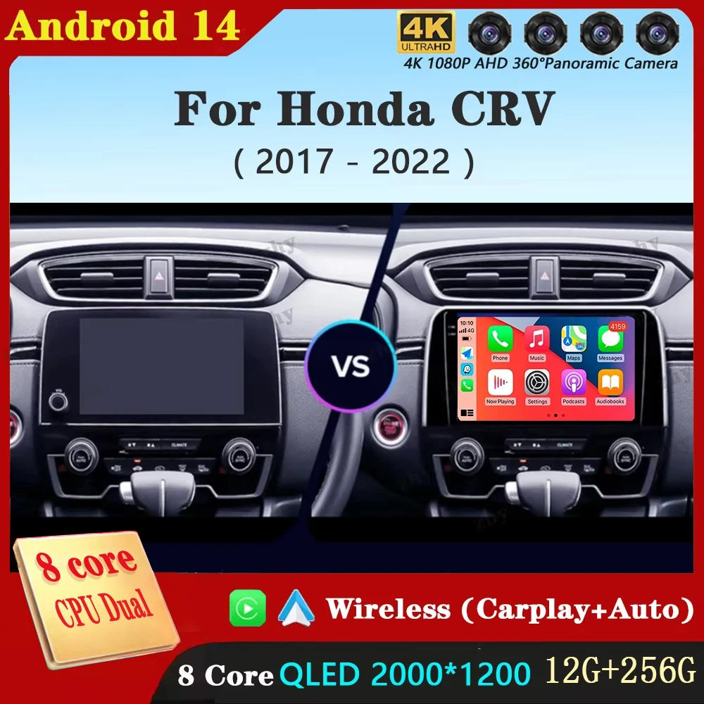 Автомобильное радио Android 14 для Honda CRV 2017 2018 2019 2020 2021 2022 Мультимедийный видеоплеер Навигация GPS Carplay QLED Стерео WIFI