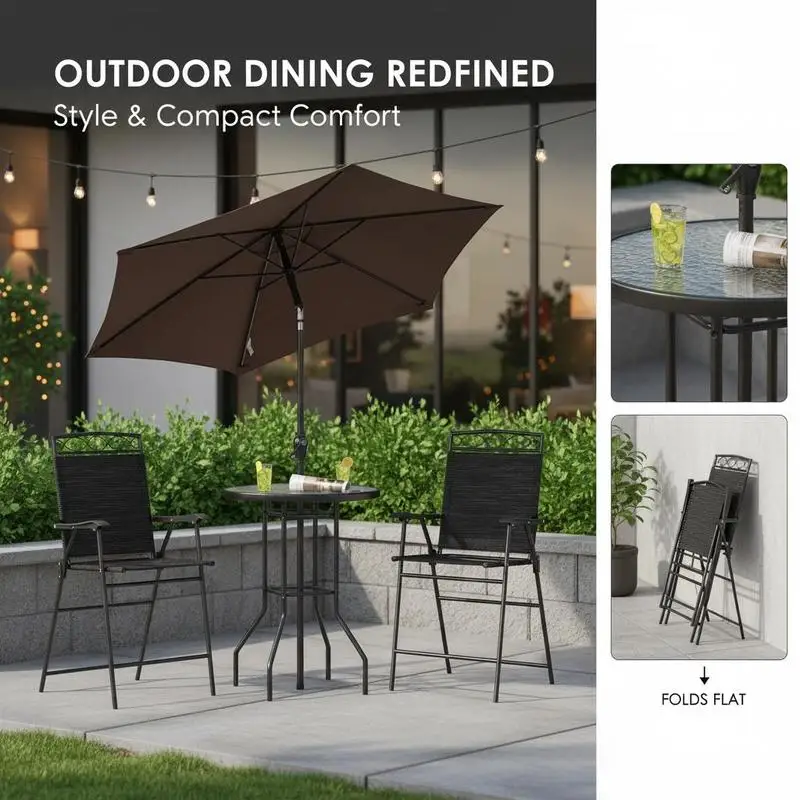 4 Piece Outdoor Patio Dining Furniture Set, 2 Folding Chairs, Adjustable Angle Umbrella, Wave Textured Tempered Glass Dinner Table, Black