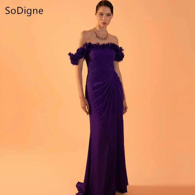 ชุดราตรีผ้าชีฟองสีม่วง SoDigne ประดับลูกไม้ ปิดไหล่ จับจีบ ชุดออกงาน ชุดราตรีงานพรอมสุดหรู สามารถสั่งตัดได้