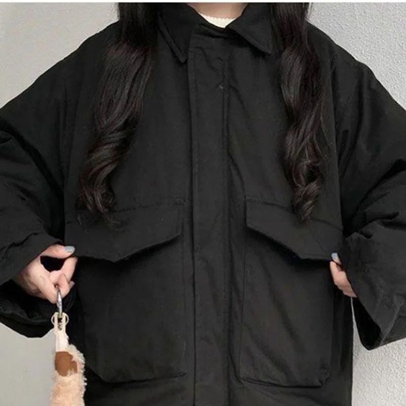 Doudoune noire pour femme, Parka ample, manteau à pain rembourré en coton, fermeture éclair Y2K, vêtements d'extérieur décontractés pour étudiantes, nouvelle collection 2025