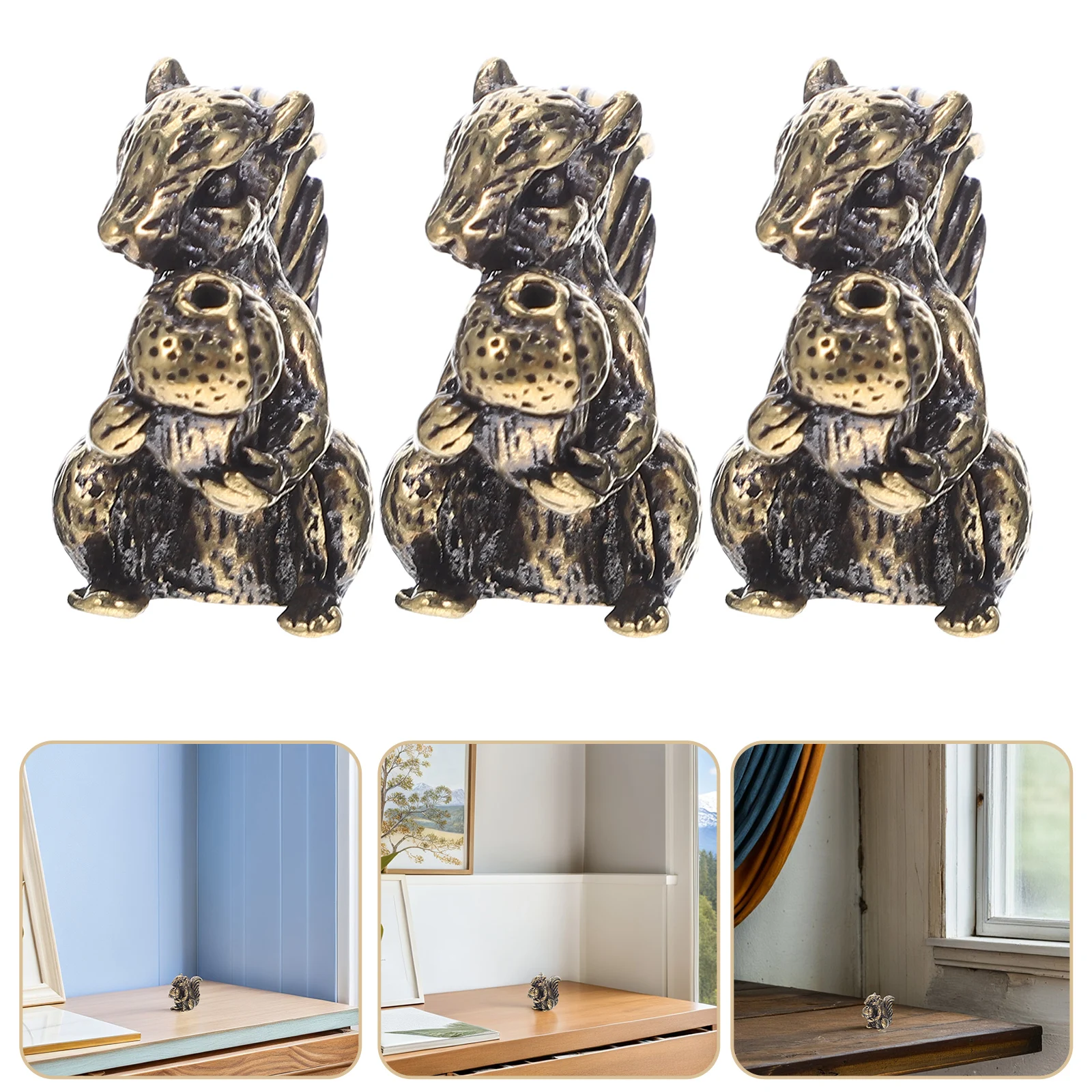 

3pcs Solid Miniature Statue Desk Decoration Home Office Decor Vintage Animal Ornament Small Copper Sculpture Tea Pet