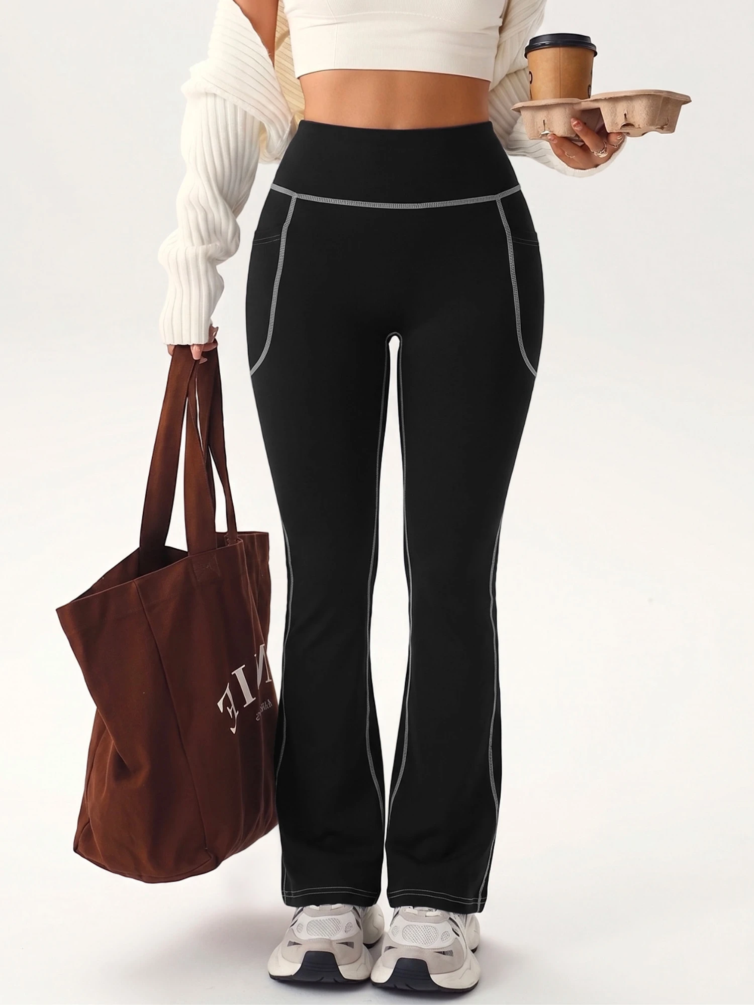 Soft Elastic Flare Casual Pants White Seam Accent High Waist Big Side Pocket Slim Bootcut Female Daily Pants
