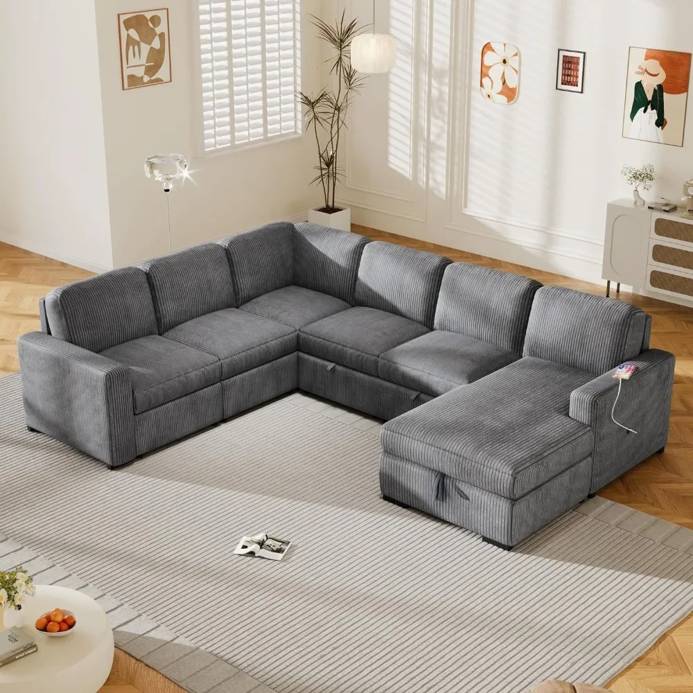 116.5 "U-Shaped Corduroy Modular Sectional Storage Chaise และดึงเตียง, โซฟาเข้ามุมขนาดใหญ่ 6 ที่นั่งพร้อมอินเทอร์เฟซ USB