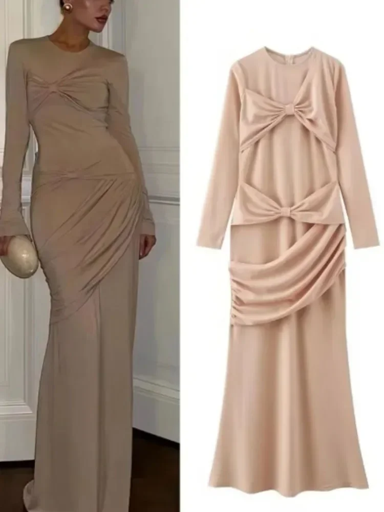 

PRINTKAOIR 2024 Draped dress with knot for women maxi evening dress for women long sleeve Bodycon summer vacation dress 2024