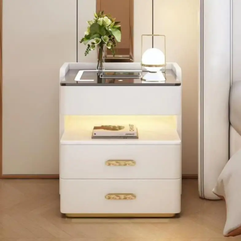 طاولة سرير ذكية مع قفل بصمة الإصبع ومحطة شحن لاسلكية وأضواء LED ومنفذ USB وخزانة تخزين ذات 3 أدراج