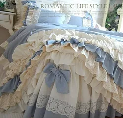 Set di biancheria da letto di lusso di fascia alta cotone egiziano blu Plaid strati di torta pizzo volant Bowknot copripiumino gonna da letto lenzuola federe