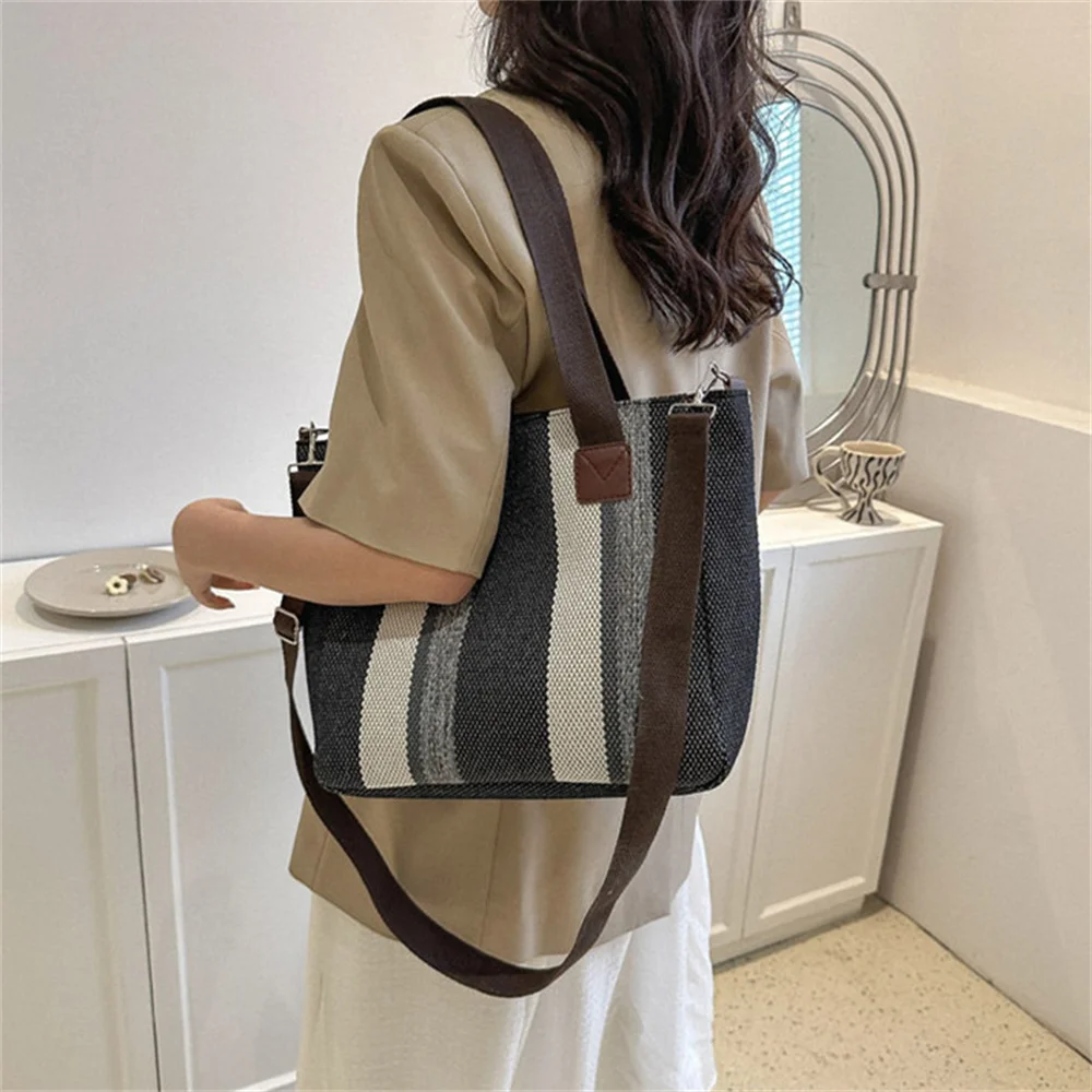 Women\'s Canvas Stripe Tote Bag Eco Reusable Shoulder Bags Large Capacity Handbags Casual Simple Shopping Handbag