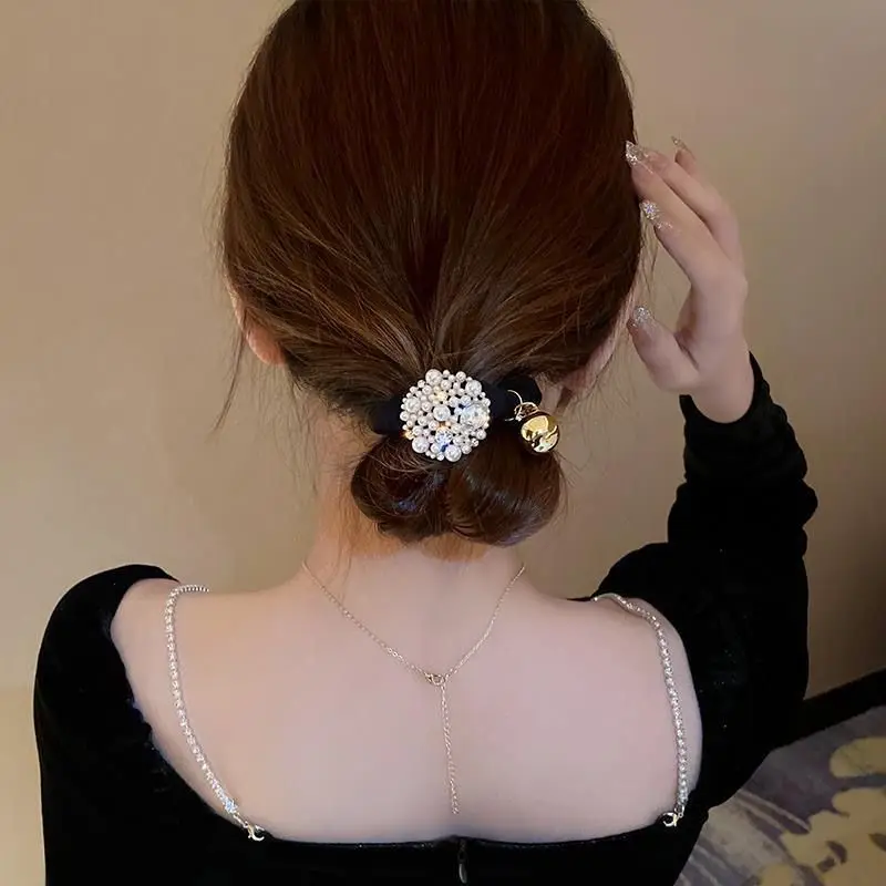 Fashion Pearl Crystal Hair Rope Luxury Rhinestone Bowknot Elastic Hair Band for Women Girls High Ponytail Headband Accessories