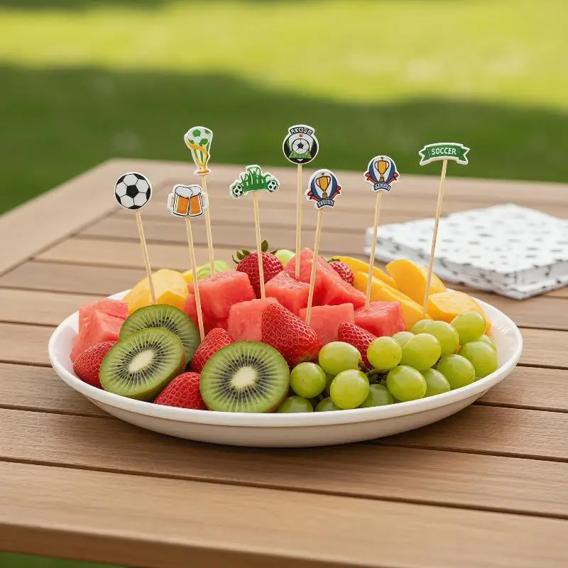100pcs Soccer Bamboo Skewers Disposable Food Fruit Picks Kids Football Birthday Party Cake Topper Buffet Cocktail Fork Sticks