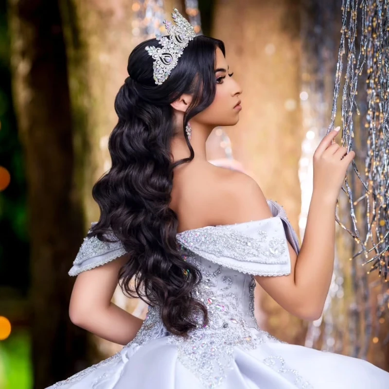 Argenté brillant Quinceanera robes robe de bal hors de l'épaule Applique dentelle perles tulle fête anniversaire doux 16 robes 15 Anos