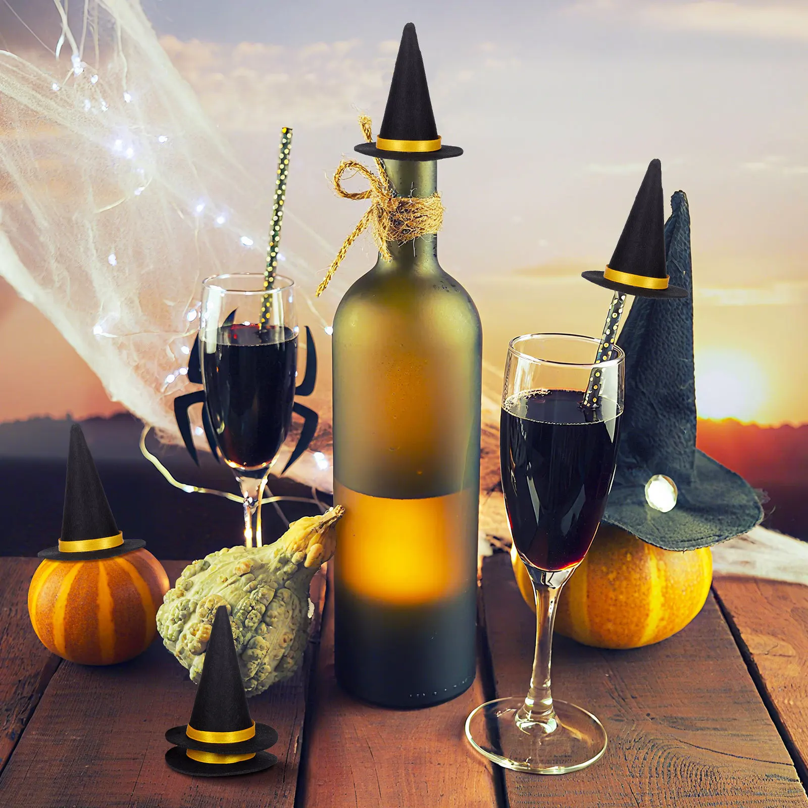 

10pcs Witch Hat Decorations For Wine Bottles Felt Mini Hats Halloween Party Supplies Bottle Covers Diy Crafts Ornament Decor