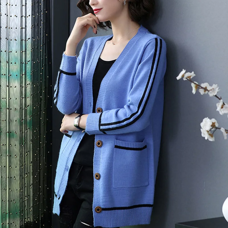 Fashion V-Neck Knitted Spliced Pockets Korean Cardigan Sweaters Women\'s Clothing 2023 Autumn New Casual Tops Loose Commute Coat