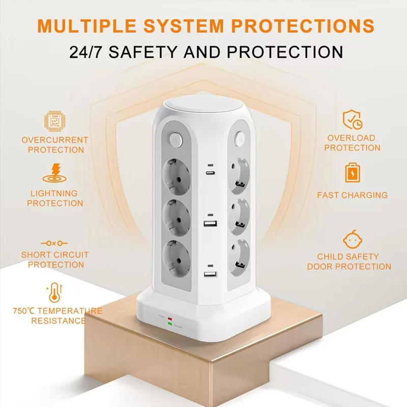 EU Plug Tower Power Strip with 4 Single Switches Multiple Vertical Sockets with Surge Protection 2M/5M Extension Cable view 6